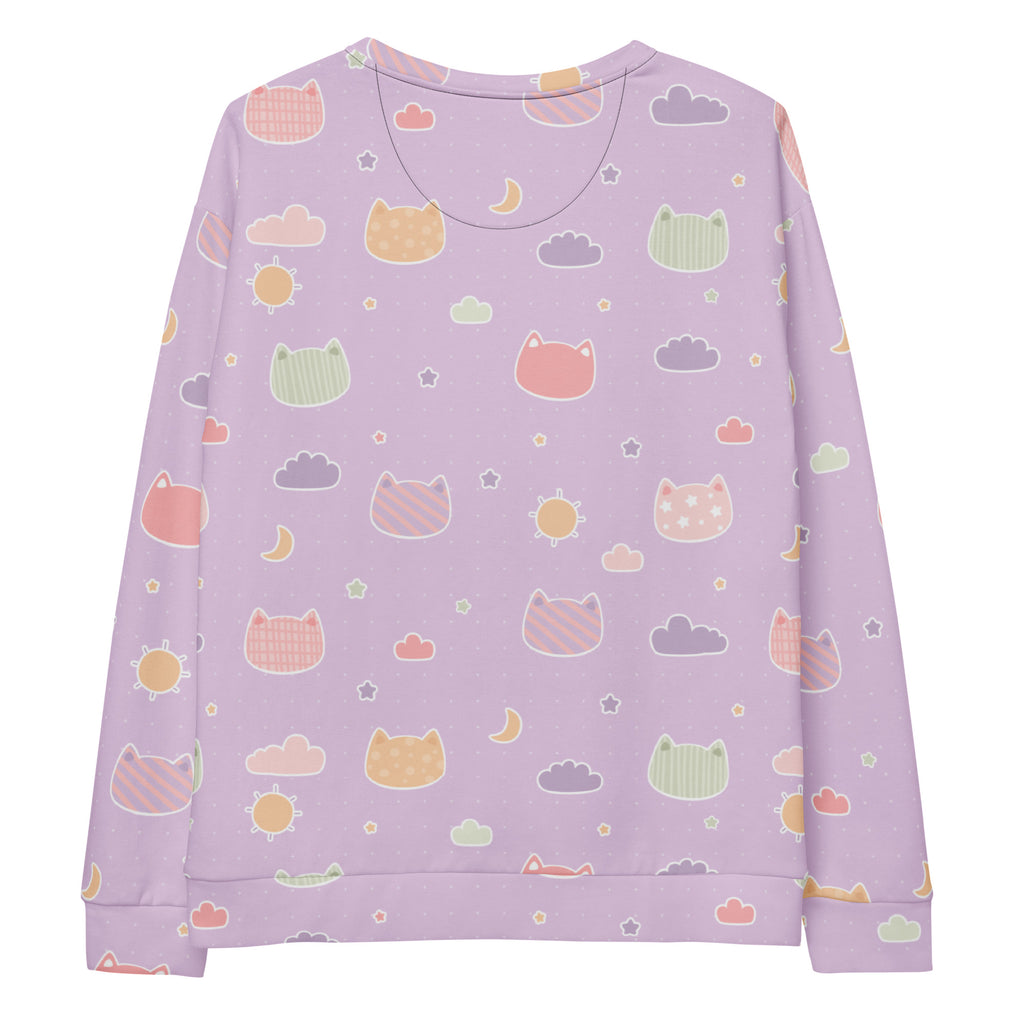A soft lavender long-sleeved sweatshirt with pastel kawaii cats clouds moons stars and brushed inner fleece fabric