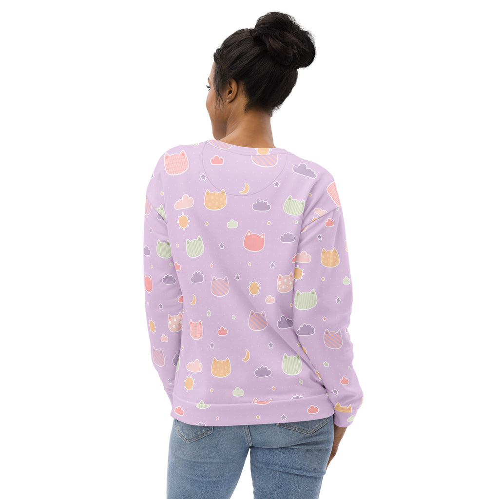 A soft lavender long-sleeved sweatshirt with pastel kawaii cats clouds moons and brushed inner fleece fabric
