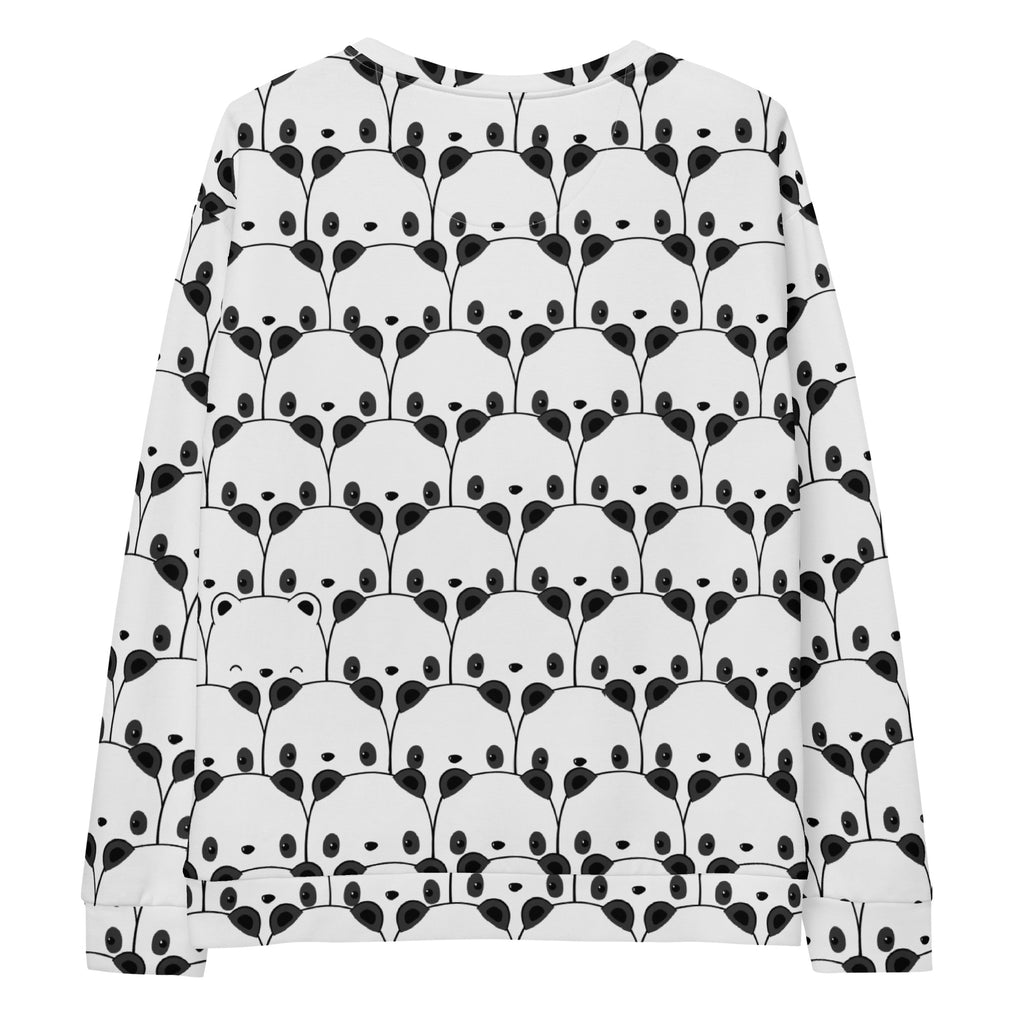 White long-sleeved sweatshirt with repeating black cartoon panda face pattern and brushed inner fleece fabric