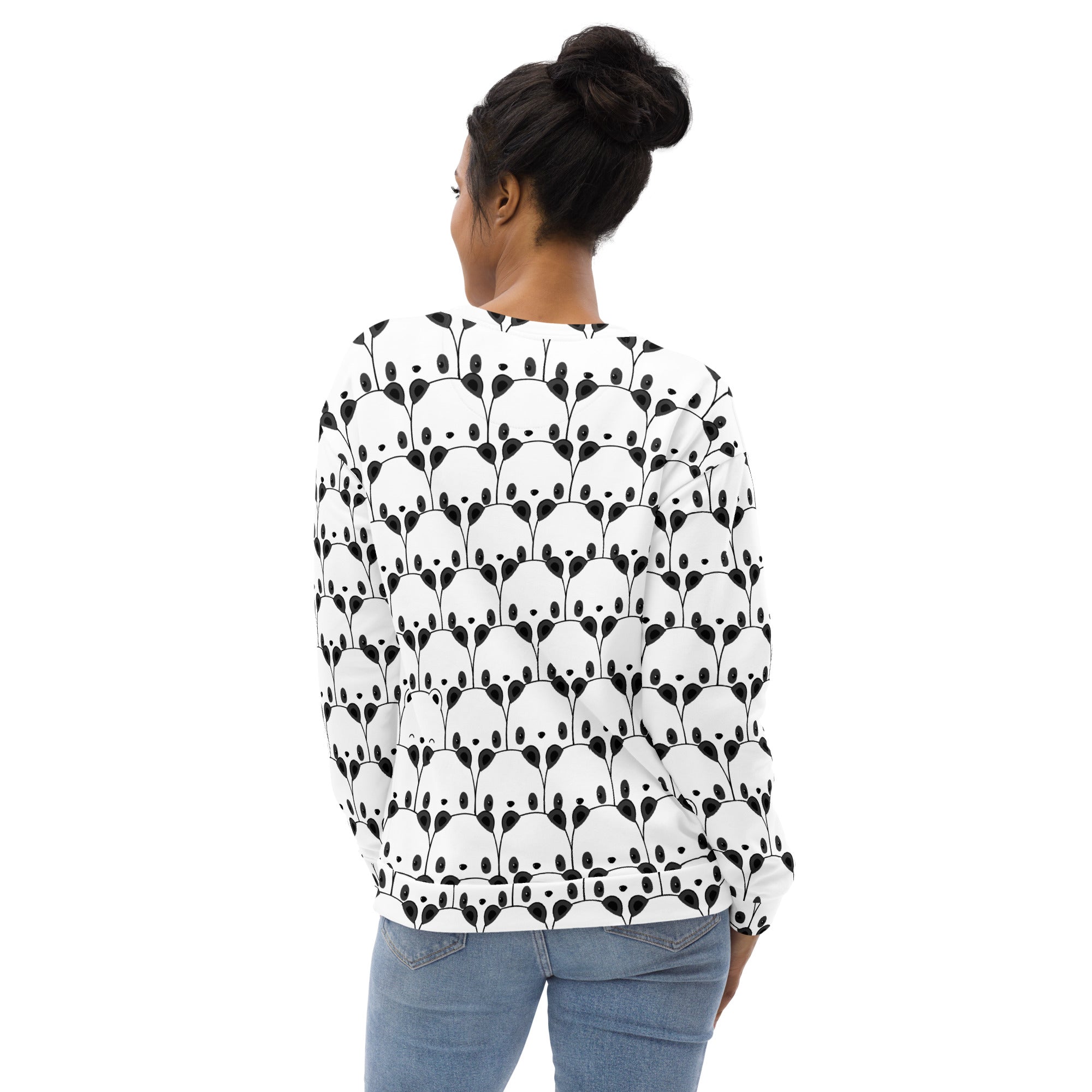 White long-sleeved sweatshirt with black panda face pattern and brushed inner fleece fabric for comfort