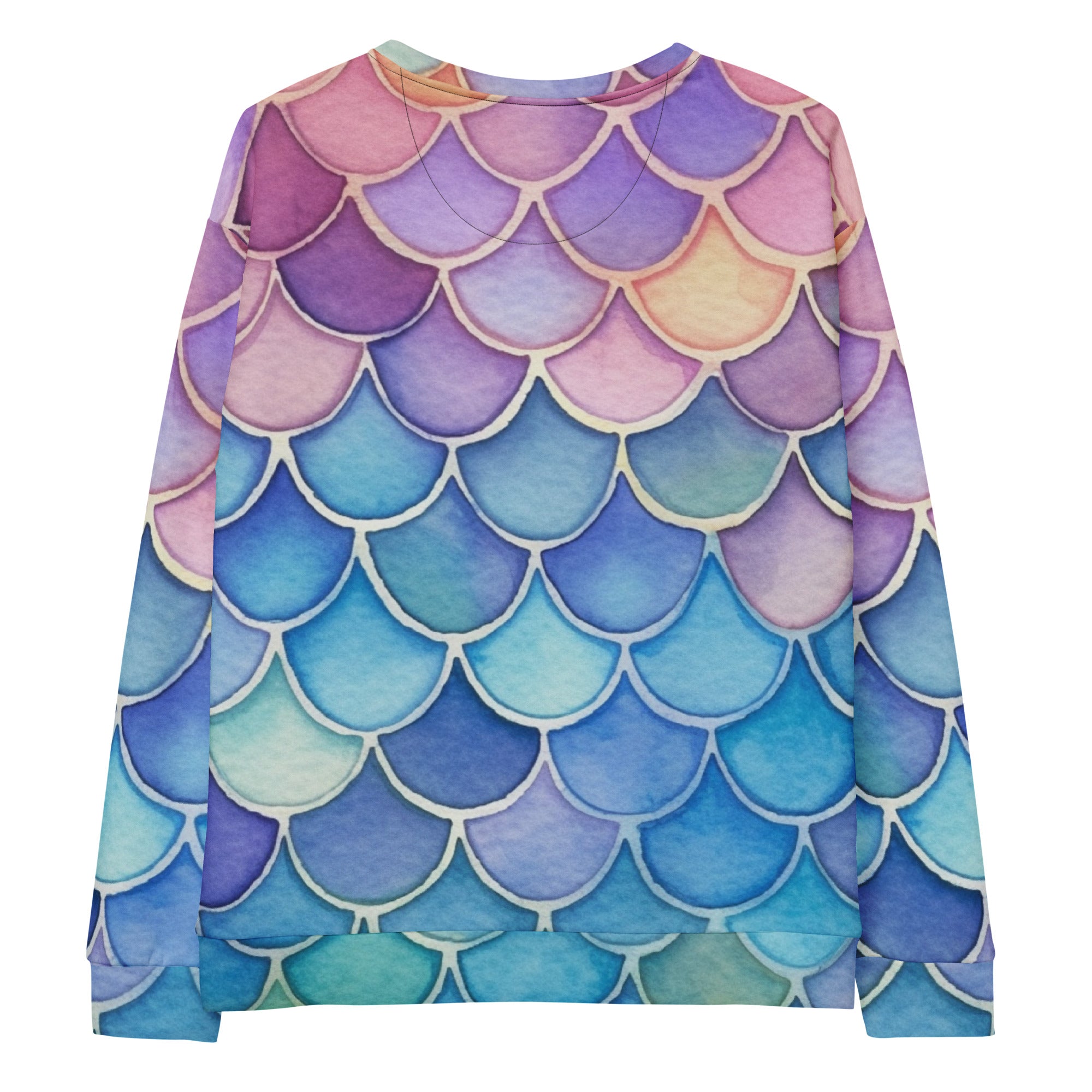 Long-sleeved sweatshirt with colorful pastel mermaid scale pattern and brushed inner fleece fabric