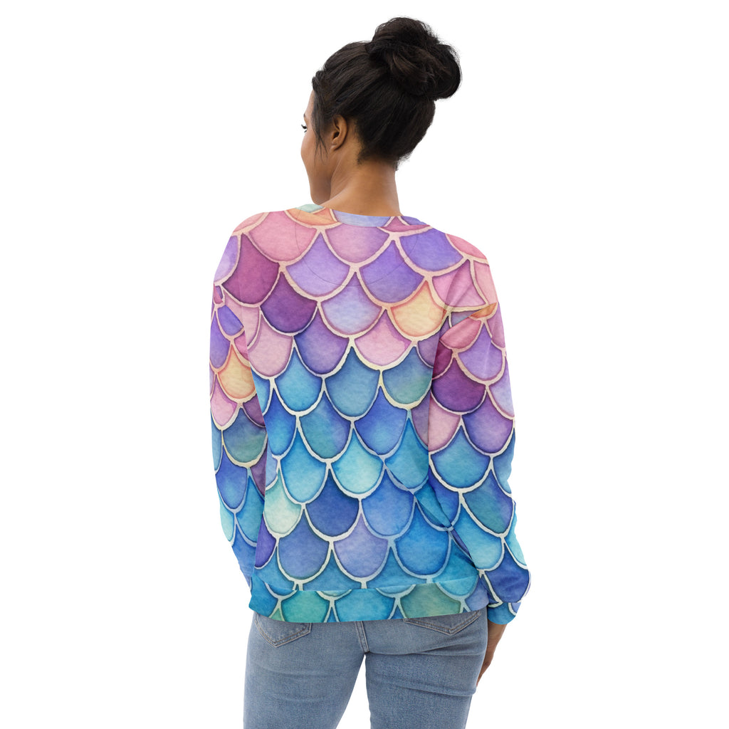 Long-sleeved sweatshirt with vibrant pink purple blue and teal gradient mermaid scales and brushed inner fleece fabric