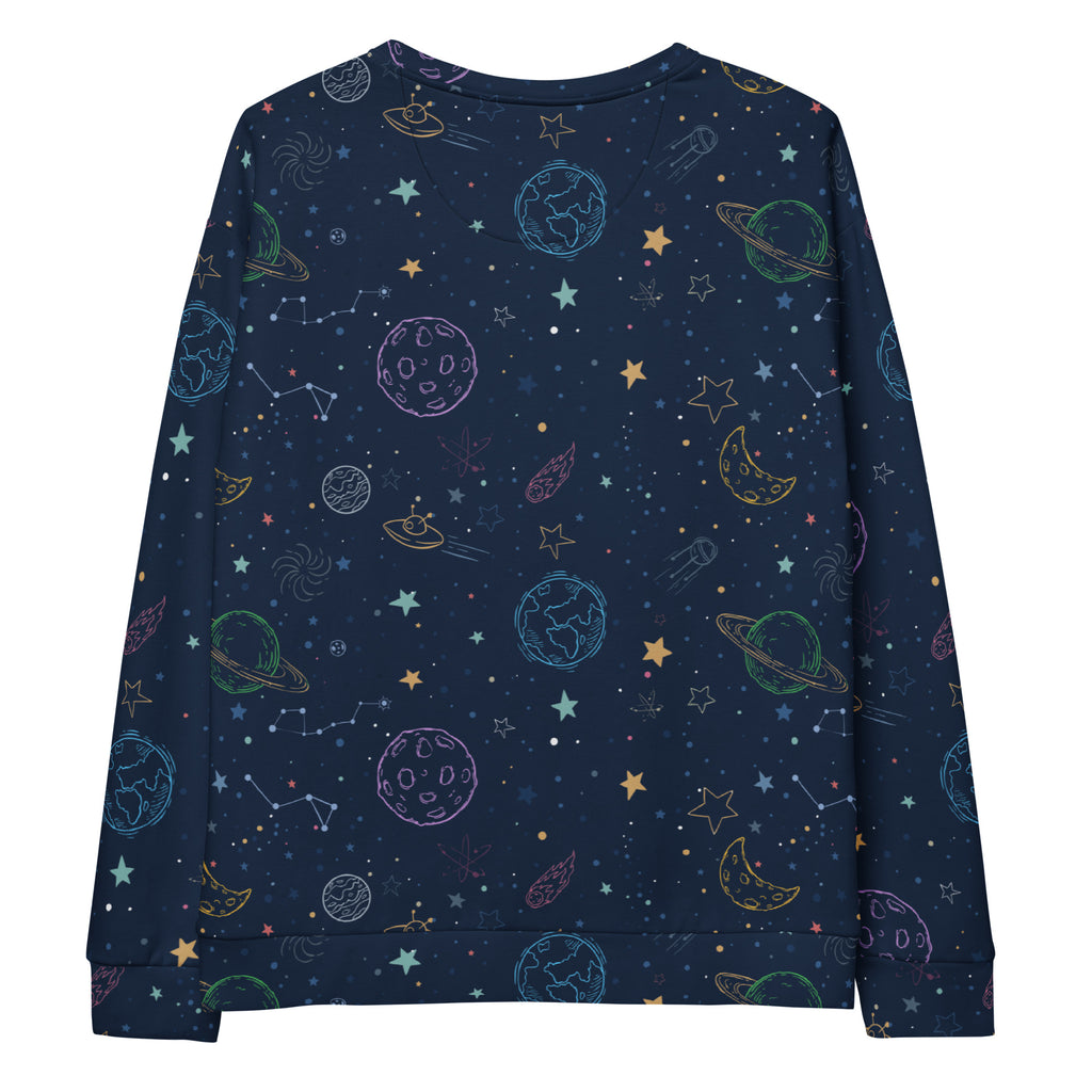 A navy blue long-sleeved sweatshirt with whimsical pastel space patterns and brushed inner fleece fabric