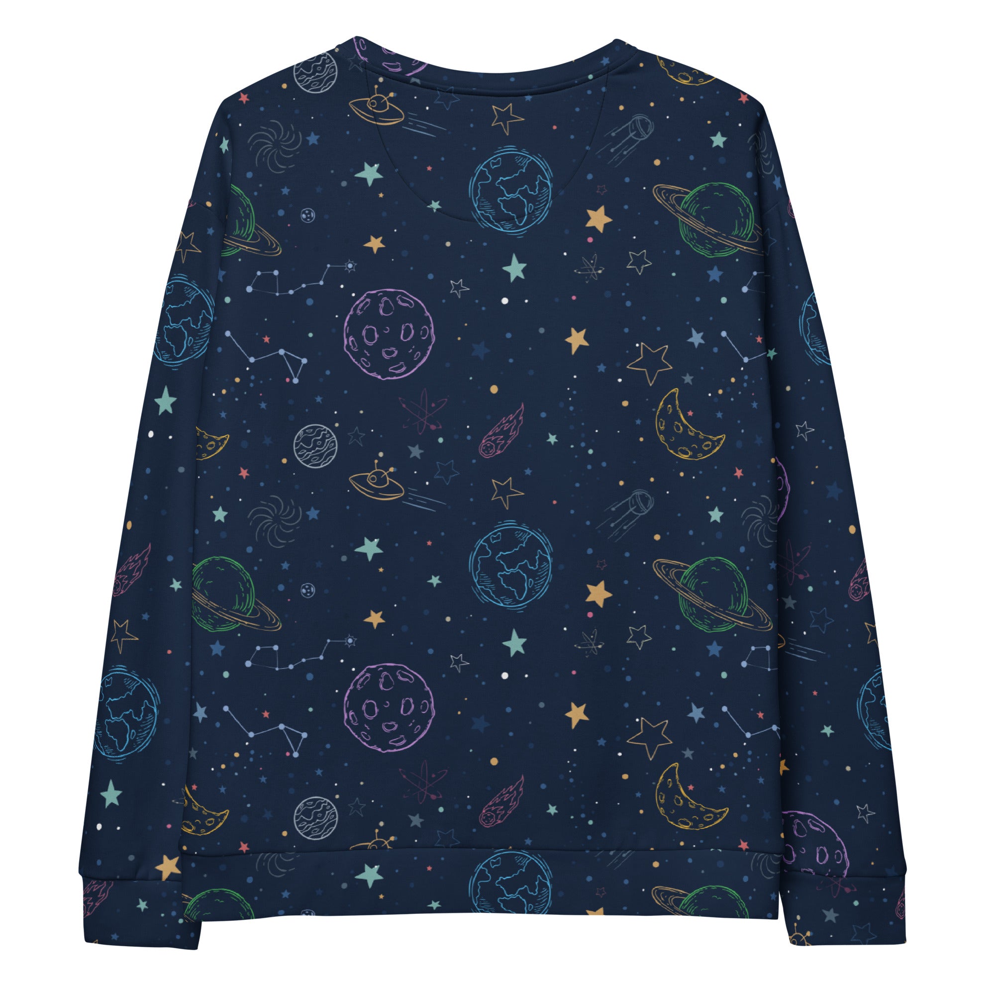 A navy blue long-sleeved sweatshirt with whimsical pastel space patterns and brushed inner fleece fabric