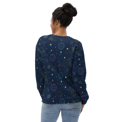 Navy blue long-sleeved sweatshirt with pastel cosmic planets stars moons pattern and brushed inner fleece fabric
