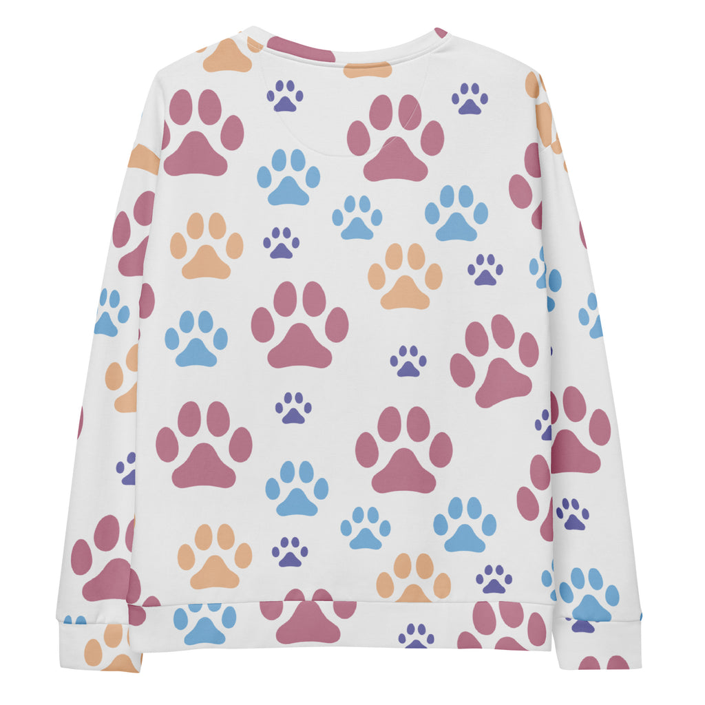White long-sleeved sweatshirt with colorful paw prints and brushed inner fleece fabric for cozy wear