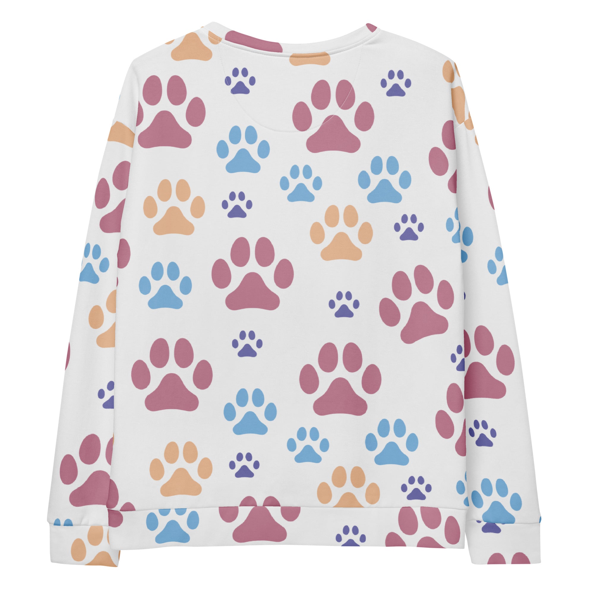 White long-sleeved sweatshirt with colorful paw prints and brushed inner fleece fabric for cozy wear