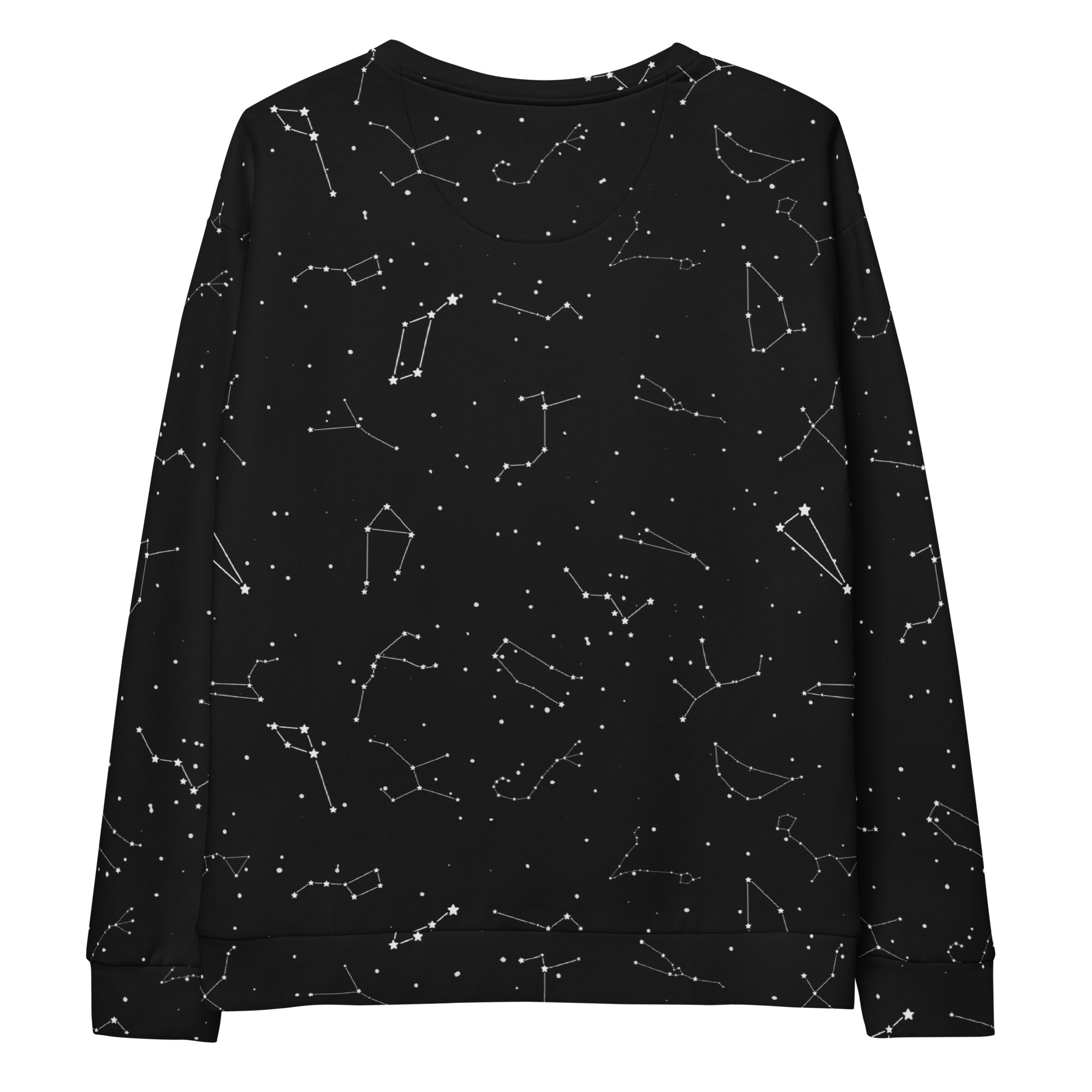 Black long-sleeved sweatshirt with white constellation pattern and brushed inner fleece fabric for warmth