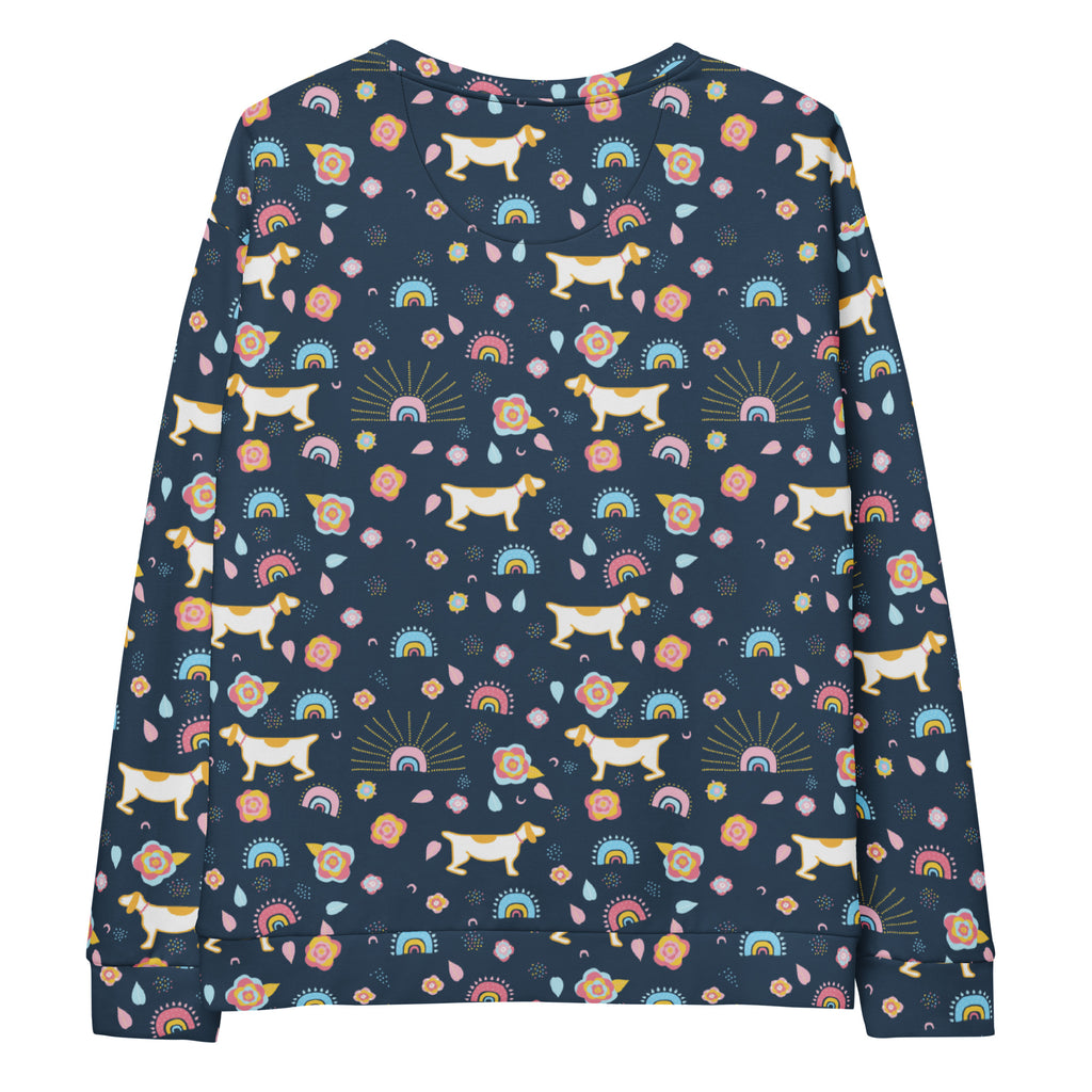 A navy blue whimsical dog and rainbow sweatshirt with brushed inner fleece featuring playful dogs and pastel rainbows