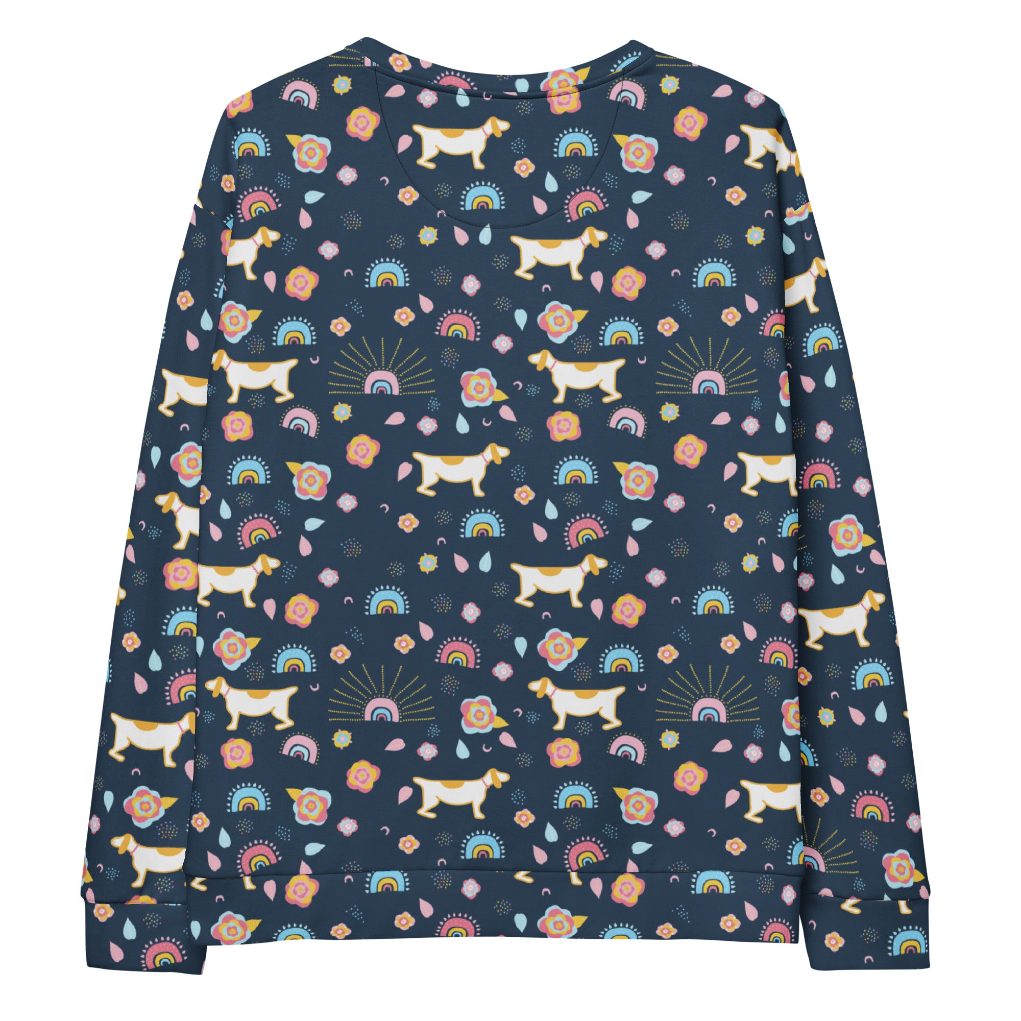 A navy blue whimsical dog and rainbow sweatshirt with brushed inner fleece featuring playful dogs and pastel rainbows