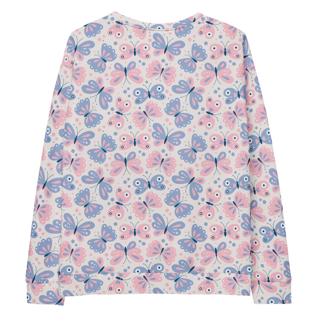A pastel butterfly sweatshirt with brushed inner fleece fabric featuring pink and lavender butterflies on cream background