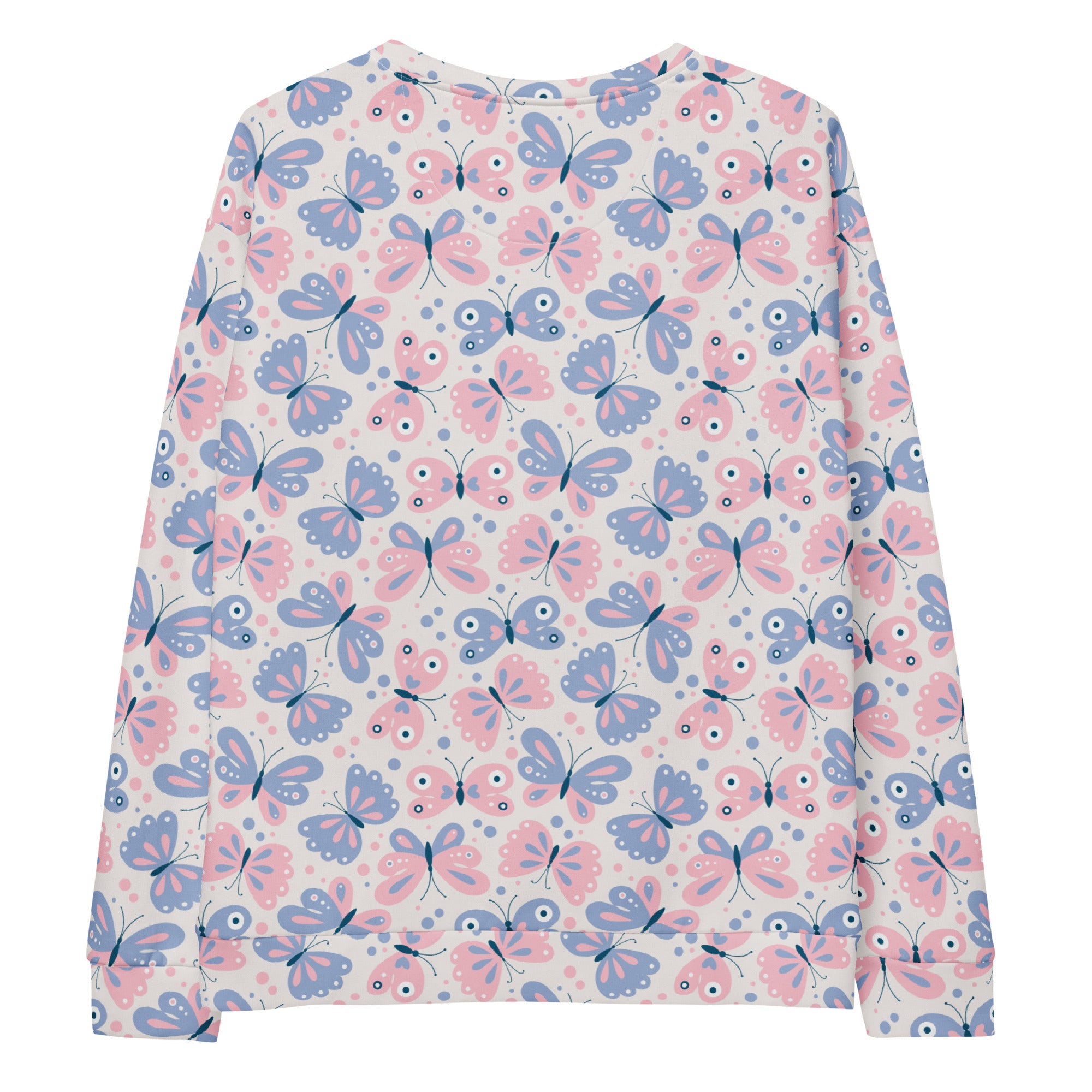 A pastel butterfly sweatshirt with brushed inner fleece fabric featuring pink and lavender butterflies on cream background
