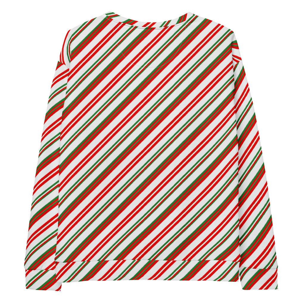 A festive long-sleeved candy cane stripe sweatshirt with red green and white diagonal stripes and brushed fleece fabric