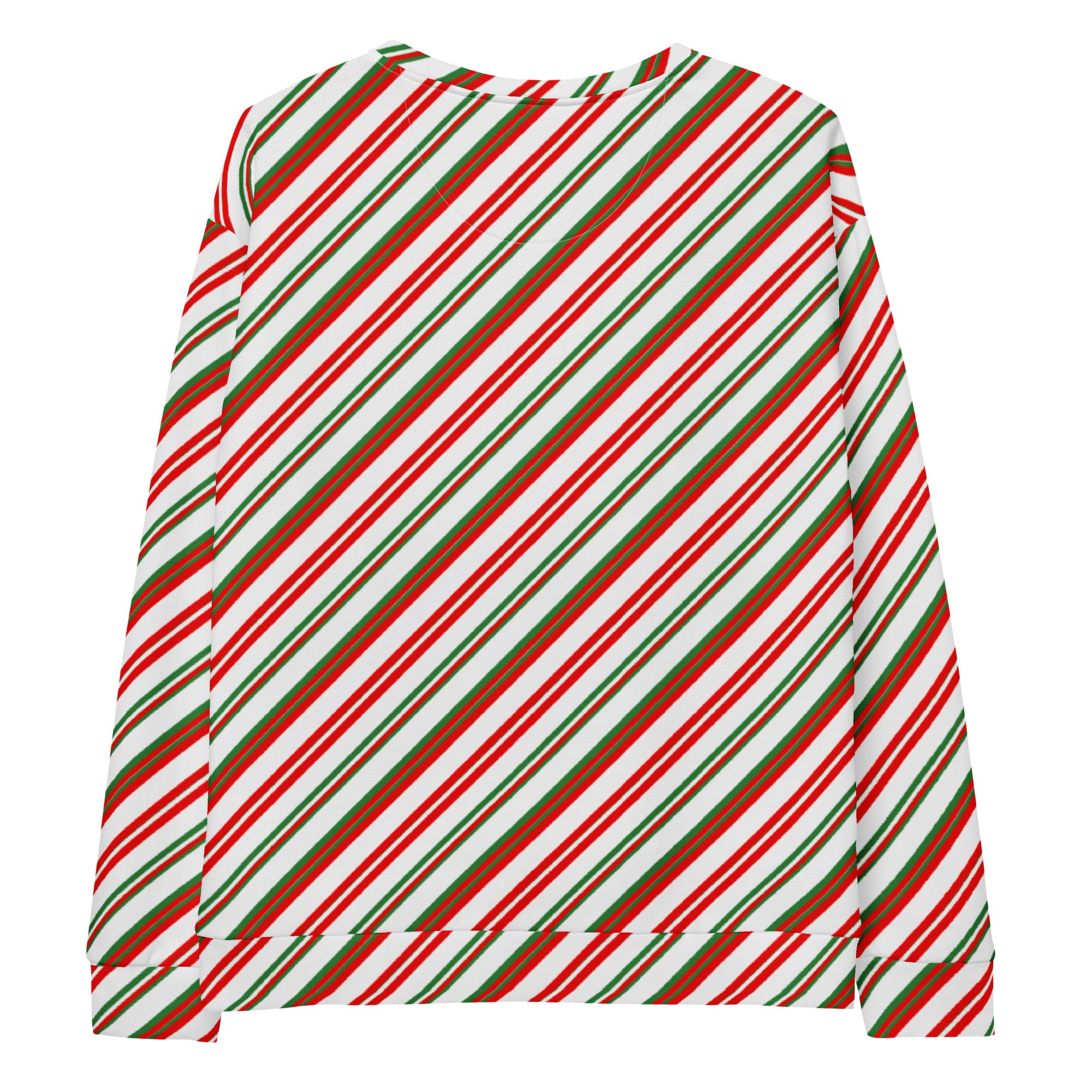 A festive long-sleeved candy cane stripe sweatshirt with red green and white diagonal stripes and brushed fleece fabric