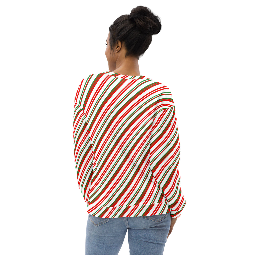 A cozy long-sleeved candy cane stripe sweatshirt with diagonal red green and white stripes and brushed fleece interior