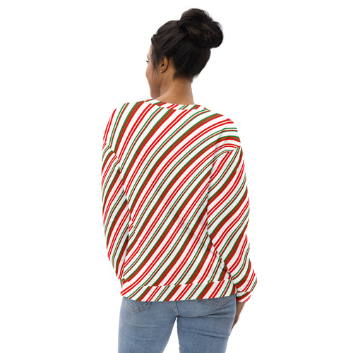 A cozy long-sleeved candy cane stripe sweatshirt with diagonal red green and white stripes and brushed fleece interior