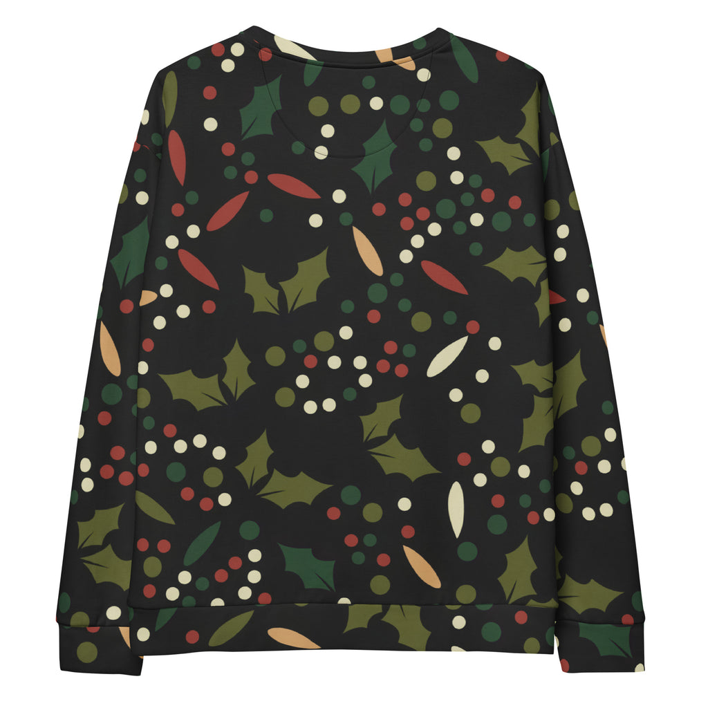 Black long-sleeved floral christmas sweatshirt with green holly pattern and brushed inner fleece fabric