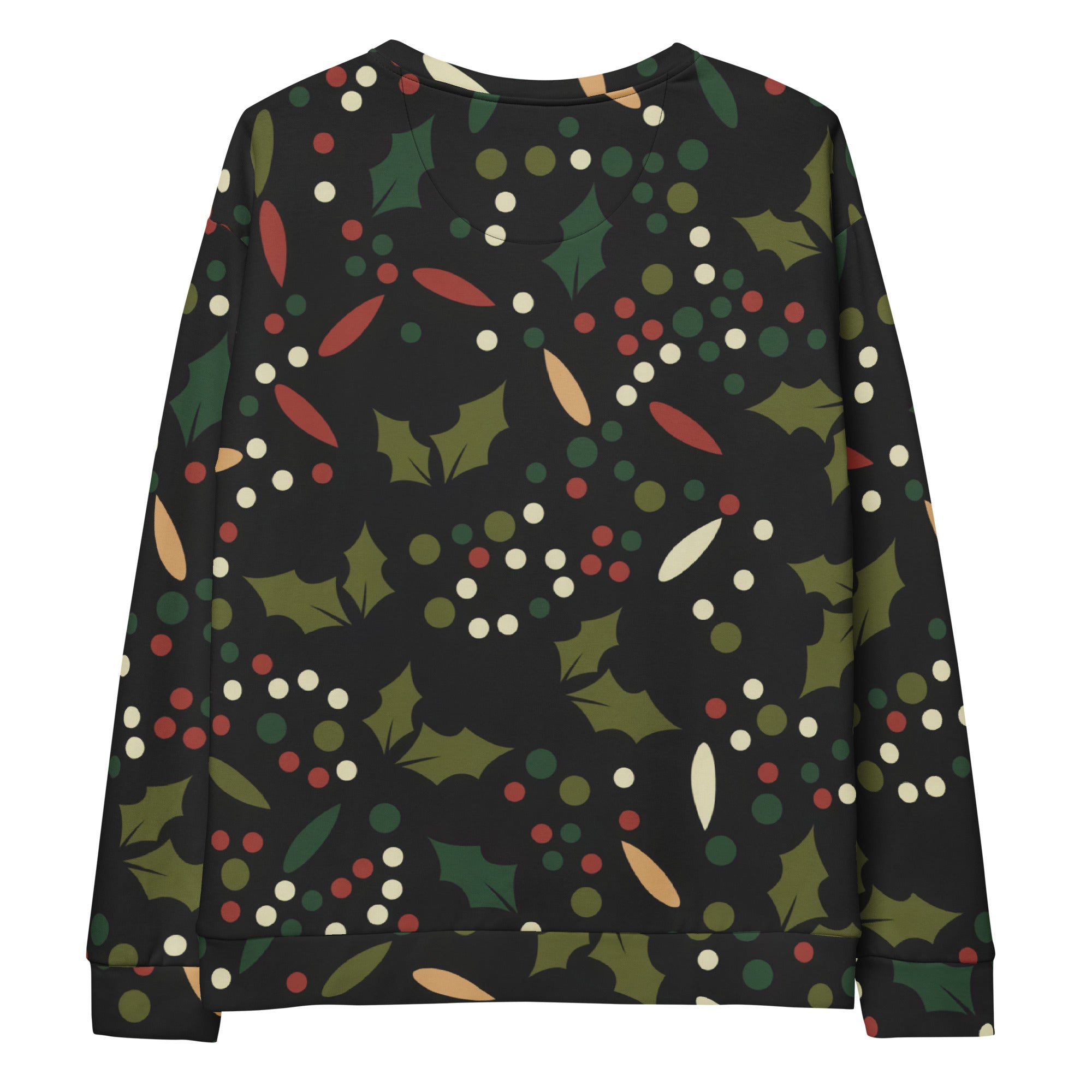 Black long-sleeved floral christmas sweatshirt with green holly pattern and brushed inner fleece fabric