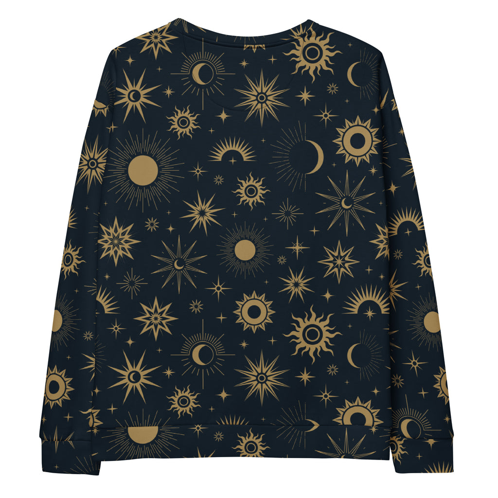 A navy blue long-sleeved sweatshirt with gold celestial suns moons stars and brushed inner fleece fabric