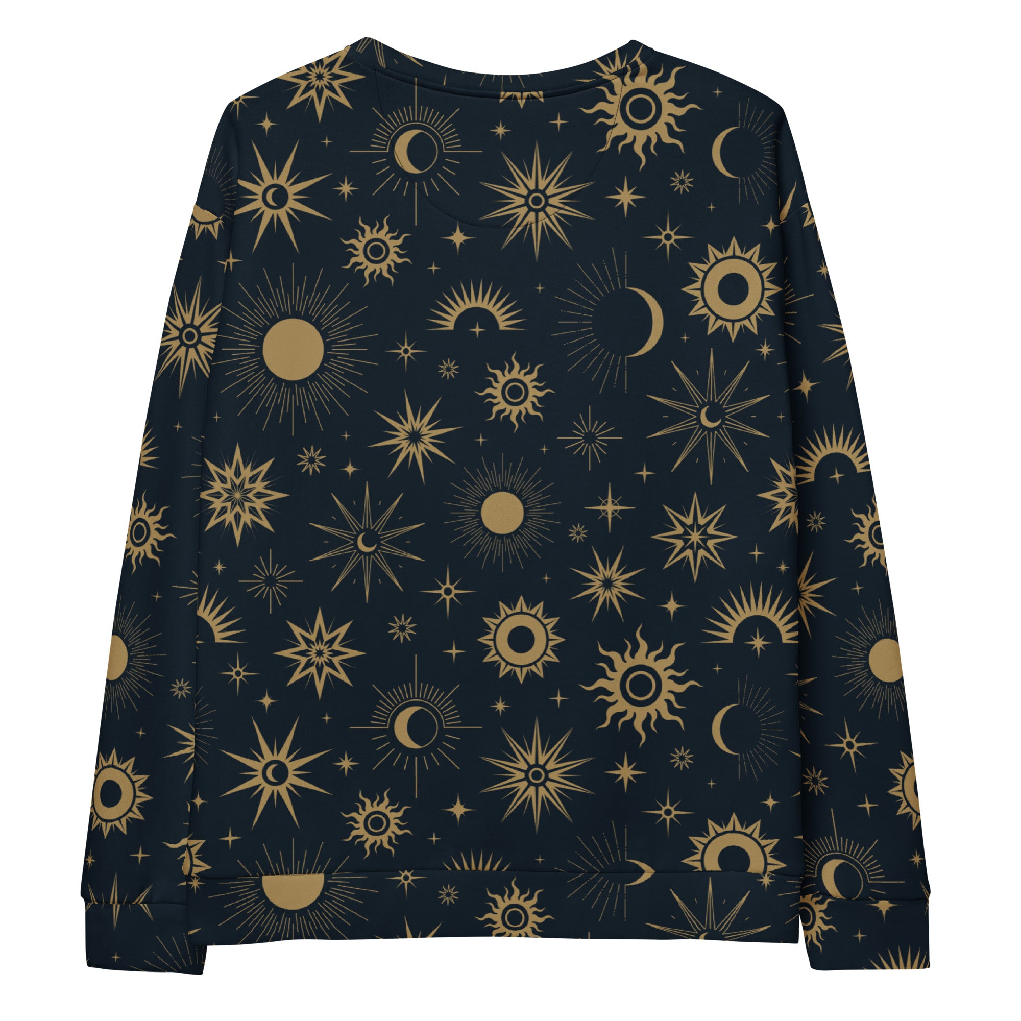 A navy blue long-sleeved sweatshirt with gold celestial suns moons stars and brushed inner fleece fabric