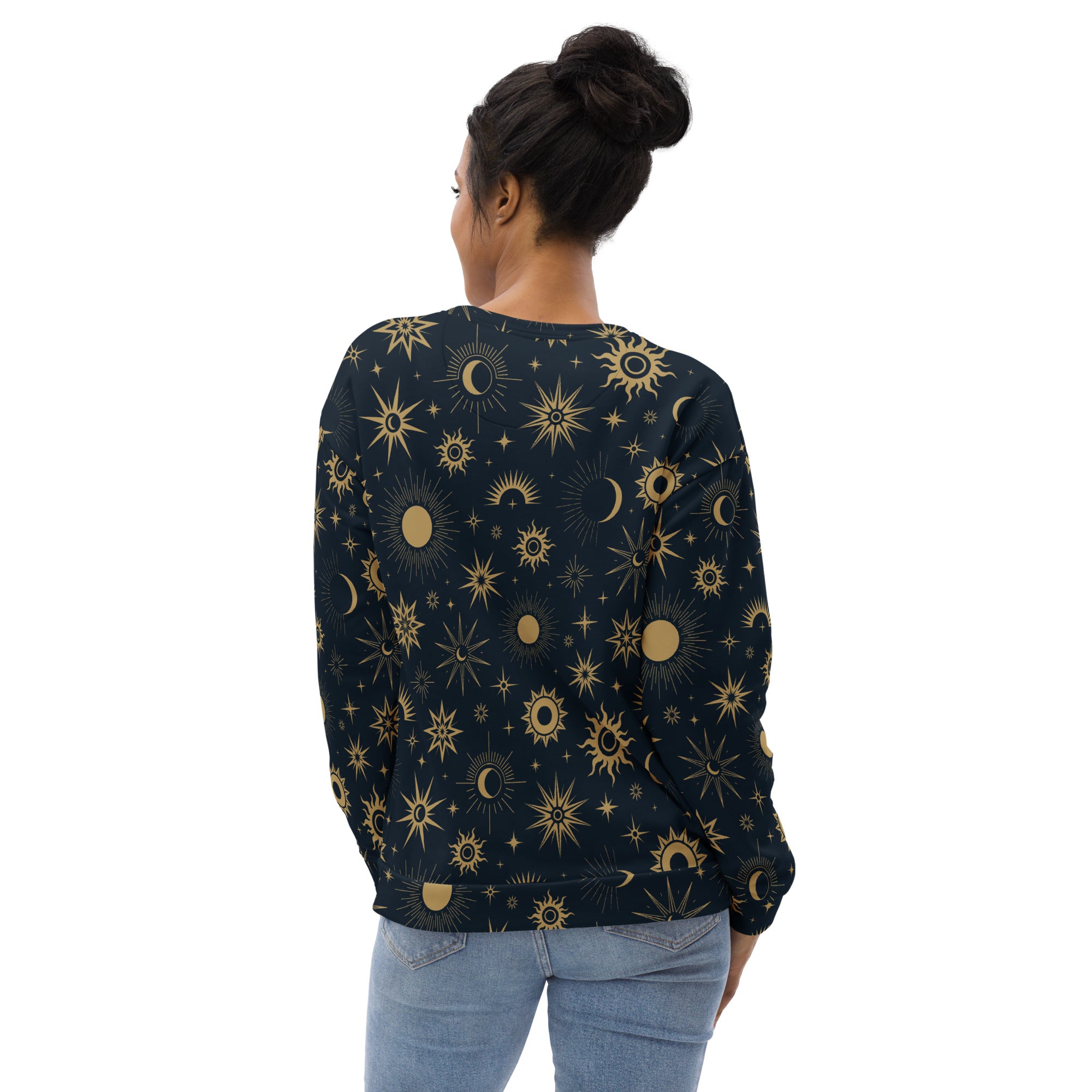 Dark navy long-sleeved celestial sweatshirt with gold suns moons and stars and brushed inner fleece fabric