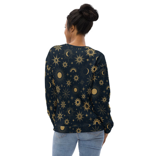 Dark navy long-sleeved celestial sweatshirt with gold suns moons and stars and brushed inner fleece fabric