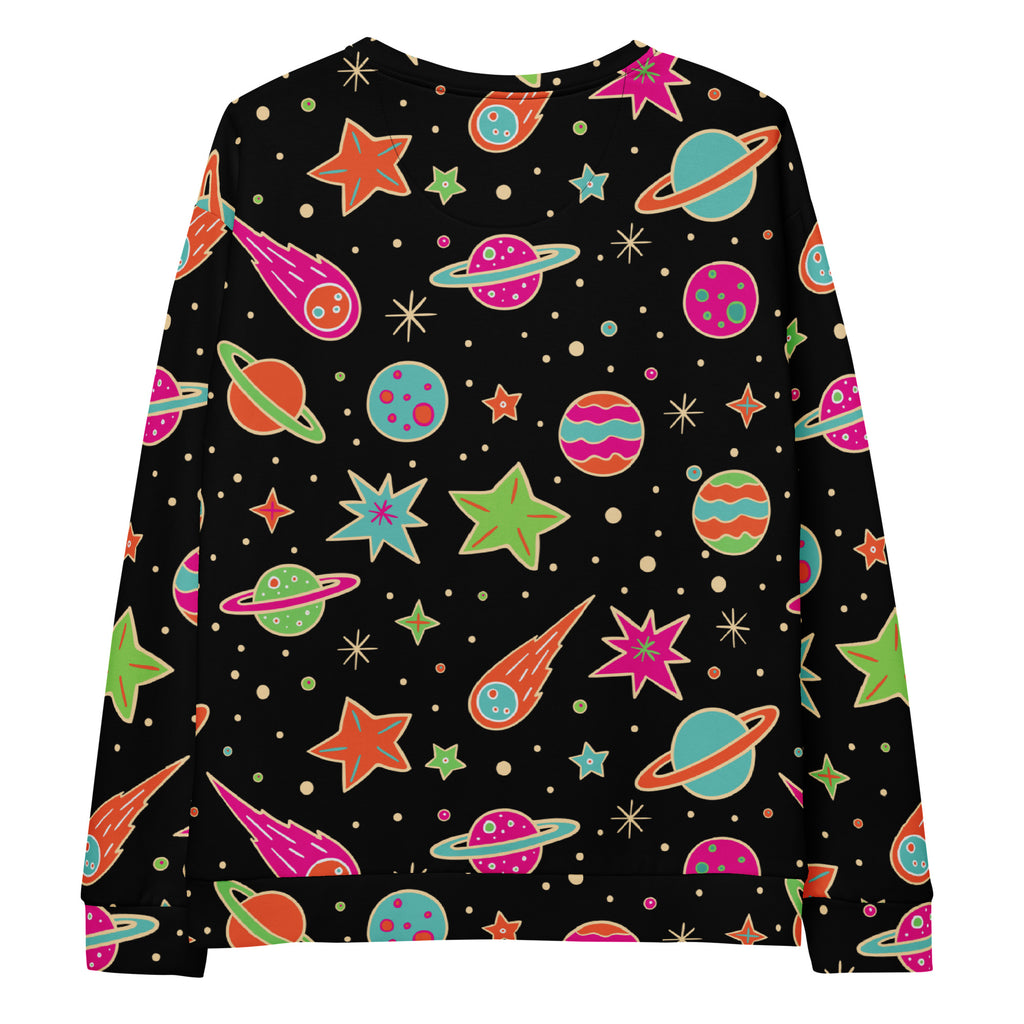 Black long-sleeved sweatshirt with vibrant neon space print and brushed inner fleece for warmth and comfort