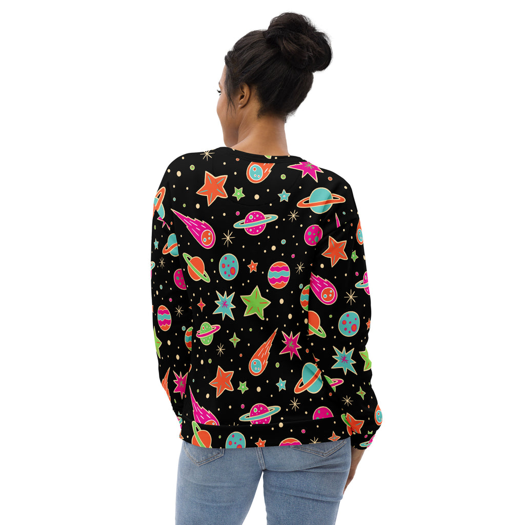 Black long-sleeved retro neon space sweatshirt with brushed inner fleece and colorful planets stars and comets print