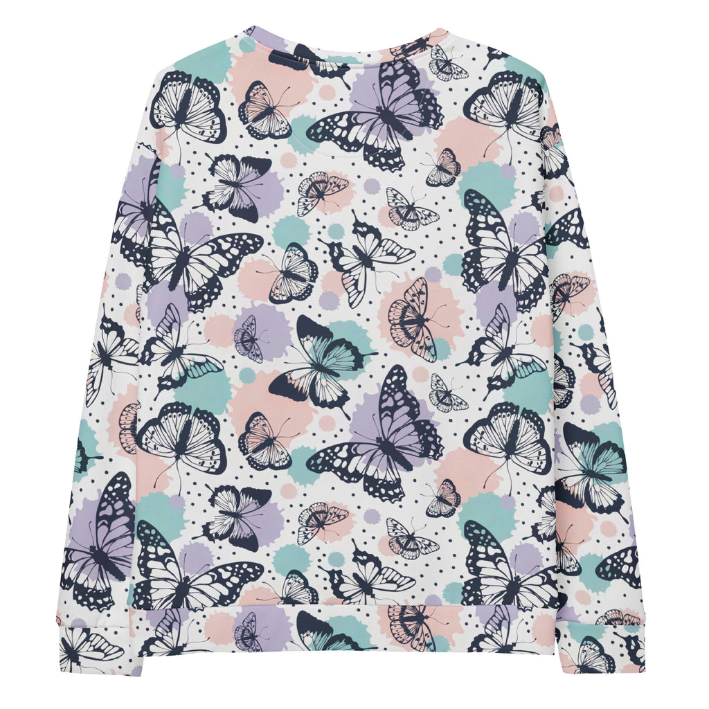 Butterfly sweatshirt with brushed inner fleece fabric featuring a vibrant black lavender and mint green butterfly print on white