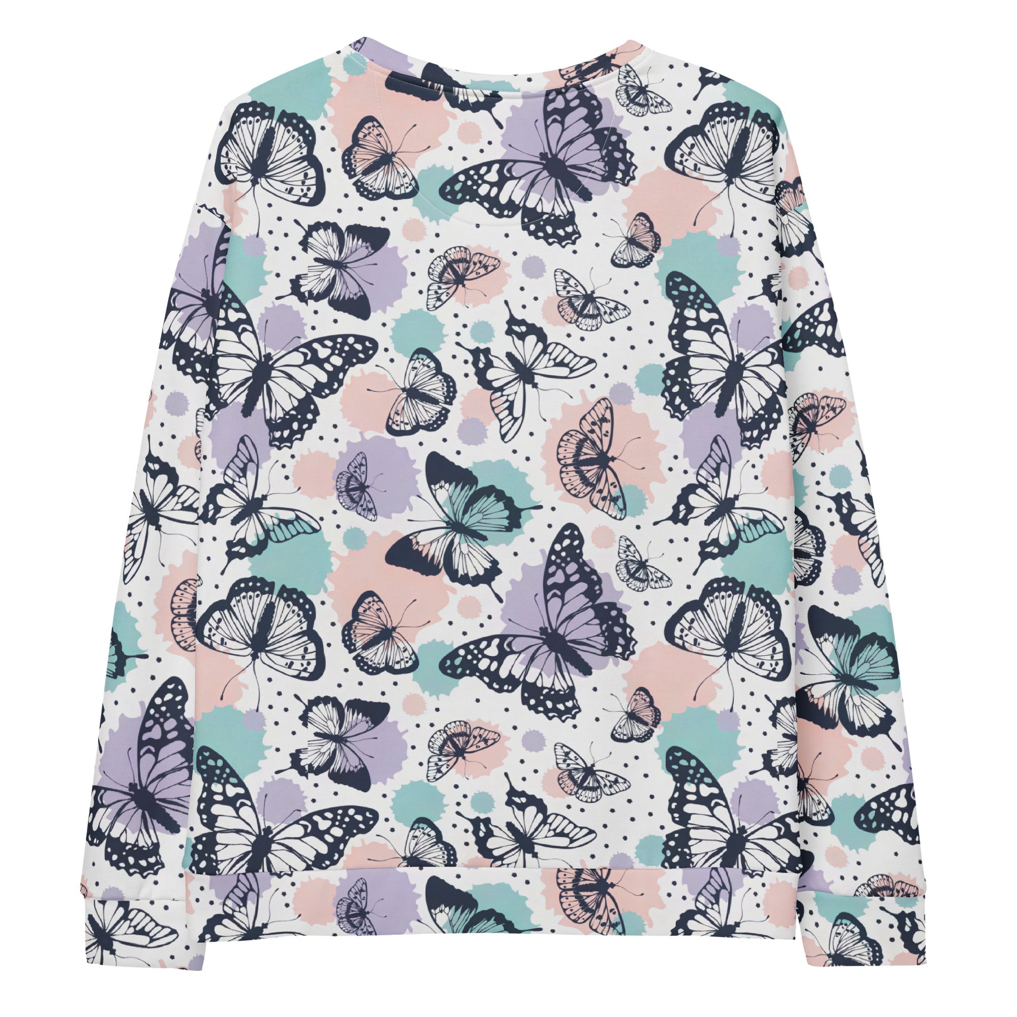 Butterfly sweatshirt with brushed inner fleece fabric featuring a vibrant black lavender and mint green butterfly print on white
