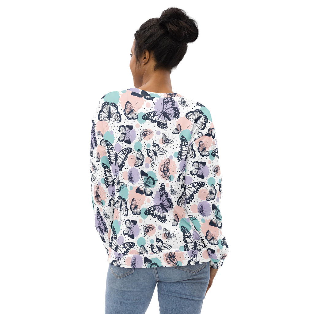 Butterfly sweatshirt with brushed inner fleece fabric featuring pastel butterfly pattern on white long-sleeve top