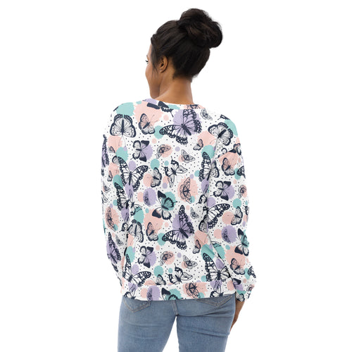 Butterfly sweatshirt with brushed inner fleece fabric featuring pastel butterfly pattern on white long-sleeve top