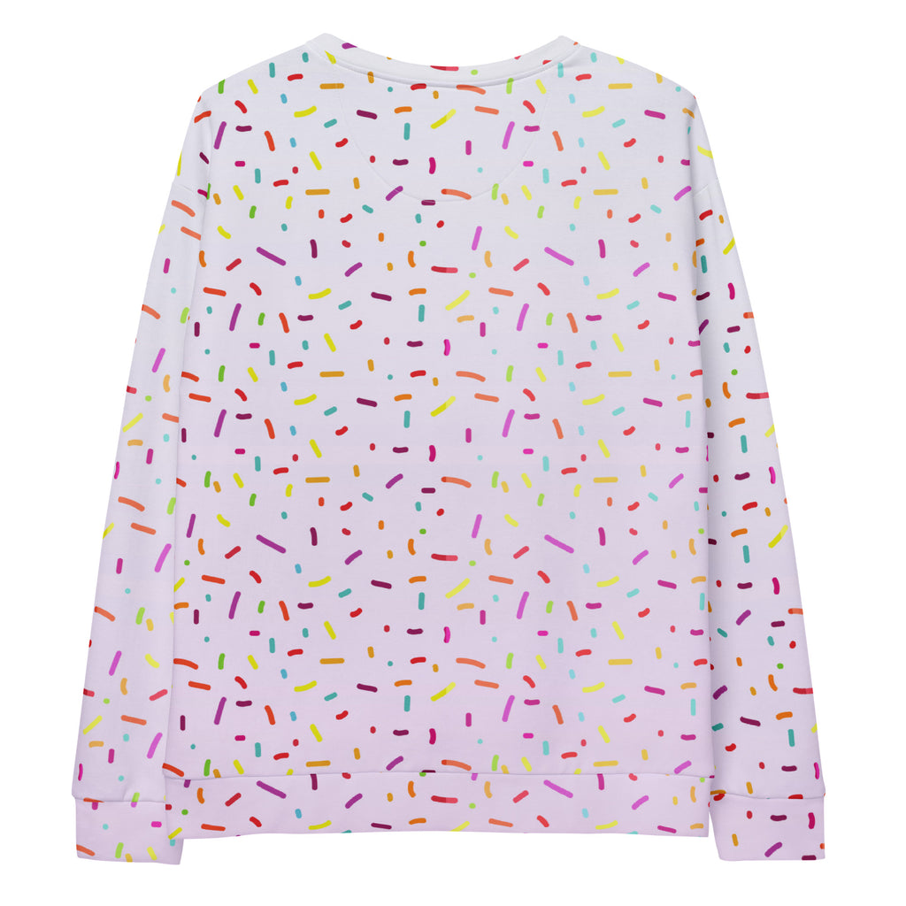 A white long-sleeved rainbow ice cream sprinkles sweatshirt with multicolored pattern and brushed inner fleece fabric