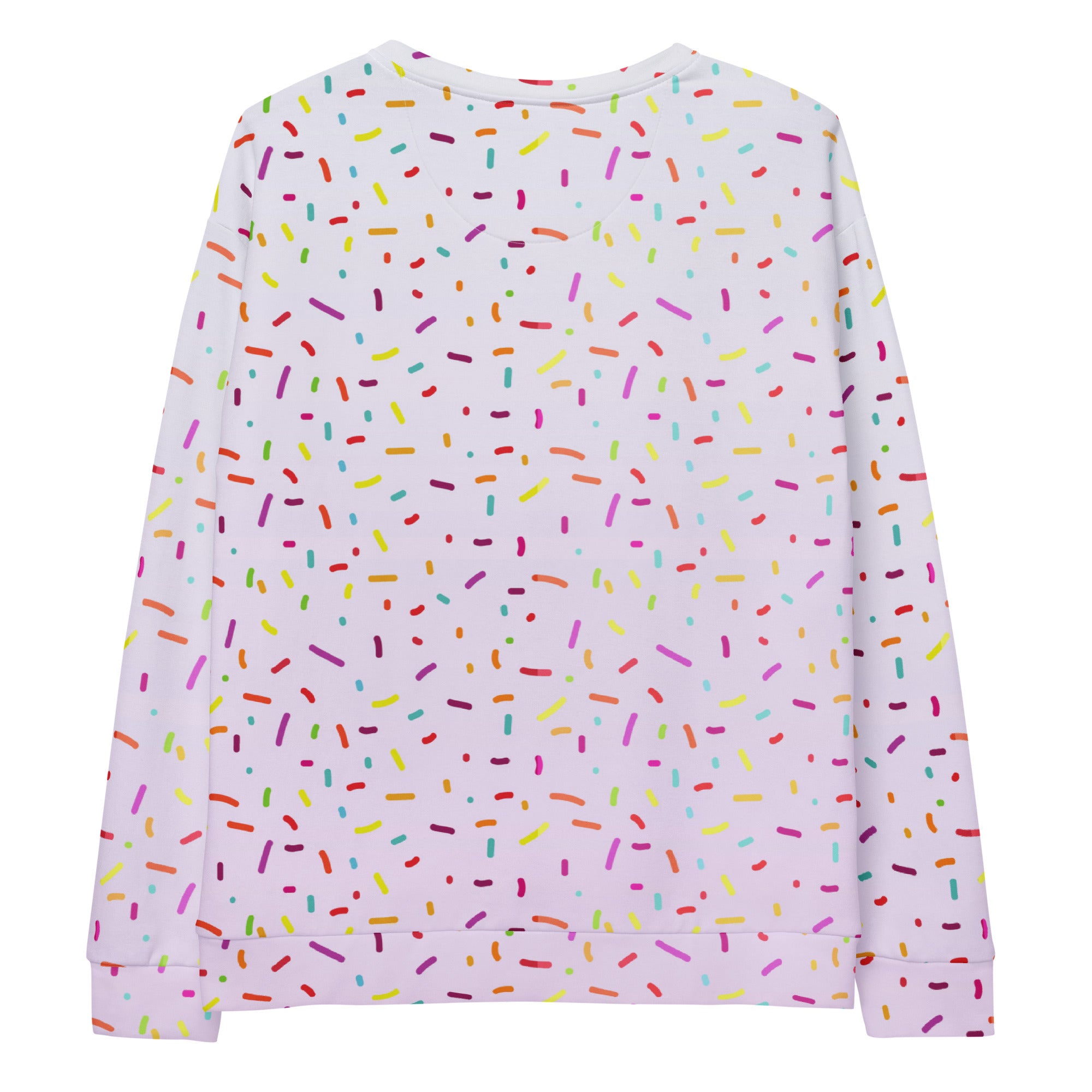 A white long-sleeved rainbow ice cream sprinkles sweatshirt with multicolored pattern and brushed inner fleece fabric