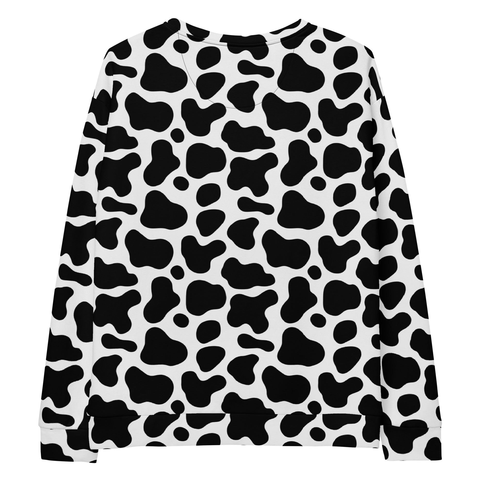 Black and white cow print long-sleeved sweatshirt with brushed inner fleece fabric for warmth and comfort