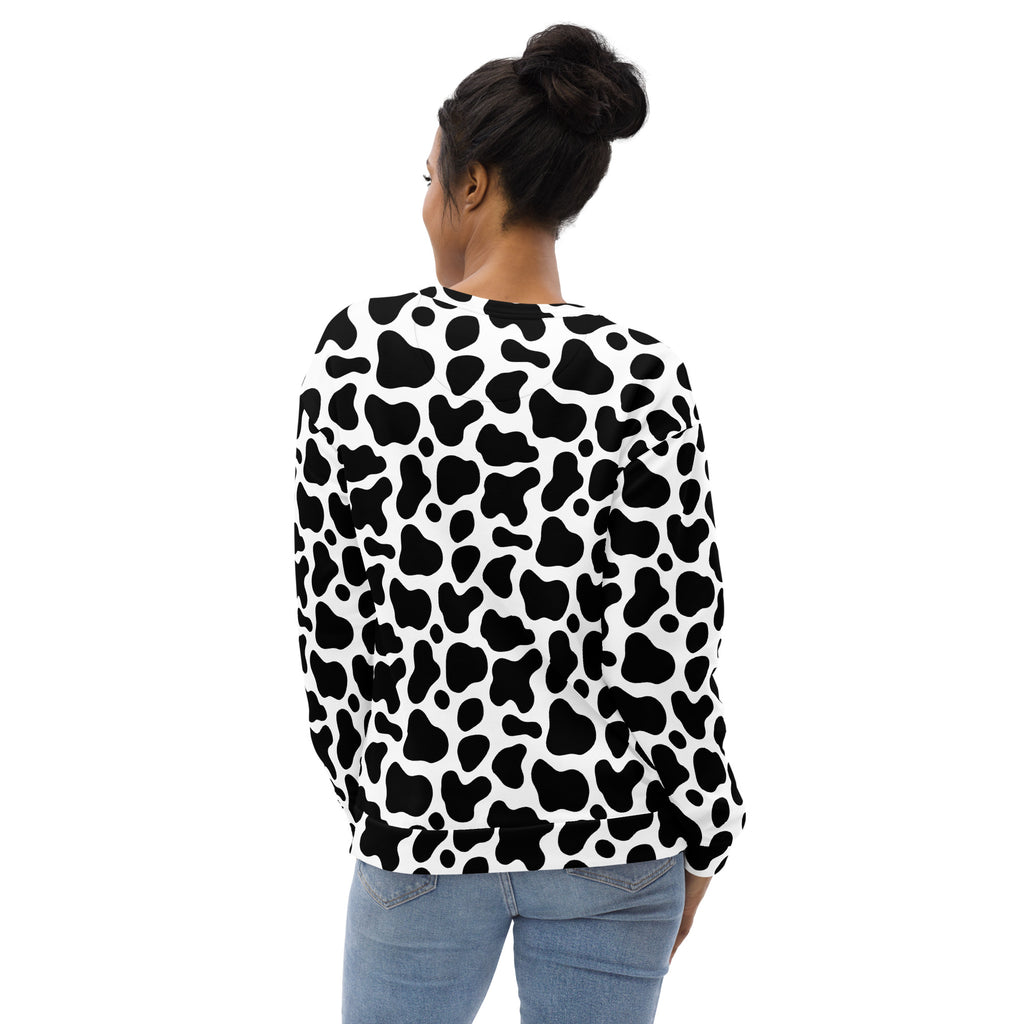Black and white cow print sweatshirt with brushed inner fleece fabric for warmth and comfort