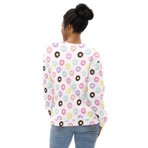 White long-sleeved sweatshirt with pastel and chocolate donut pattern and brushed inner fleece fabric
