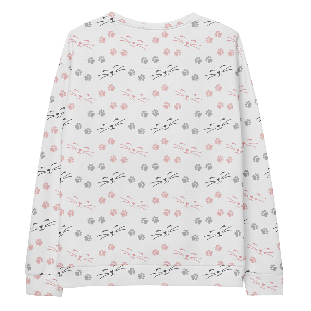 White long-sleeved cat paw print sweatshirt with pink and gray cat faces and brushed inner fleece fabric