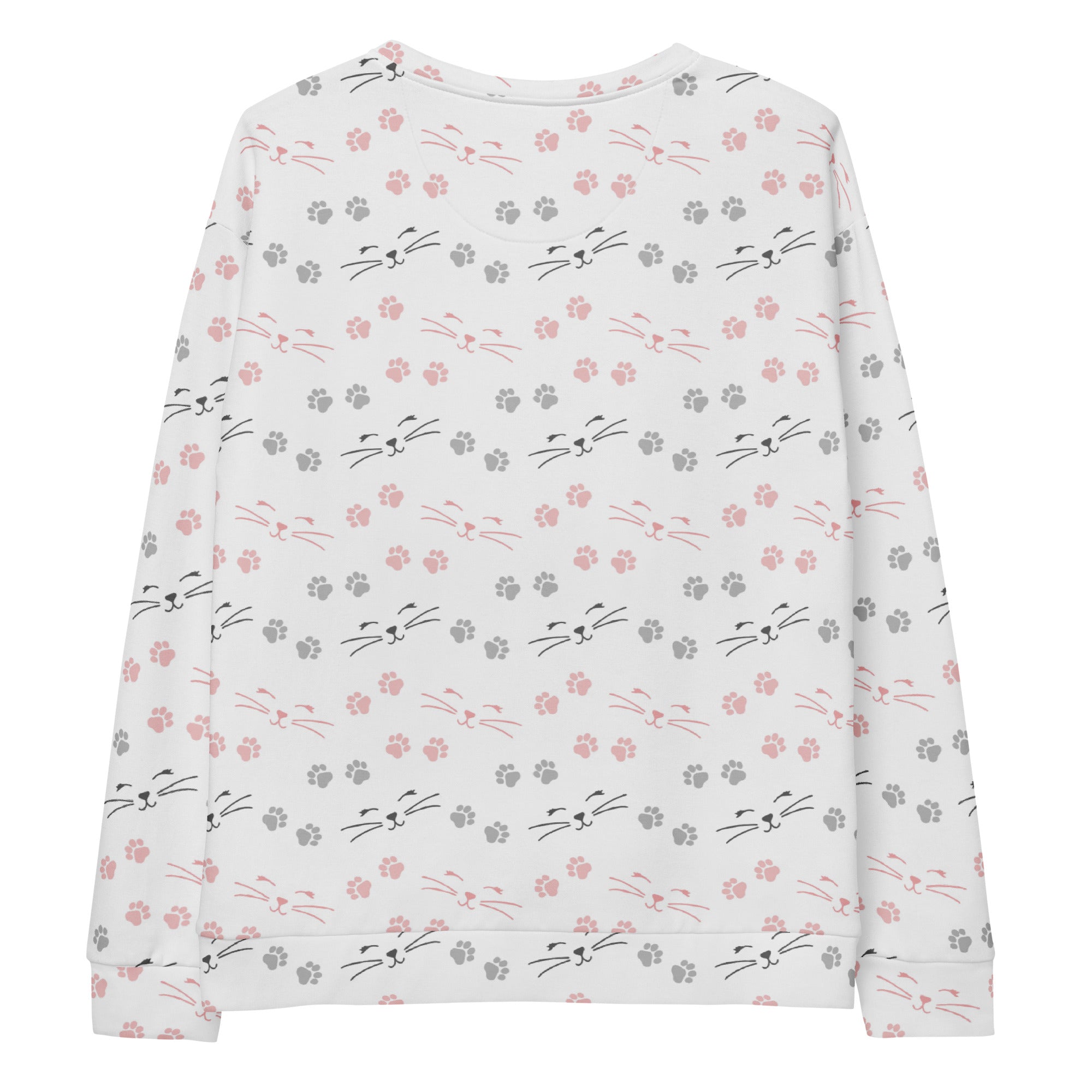 White long-sleeved cat paw print sweatshirt with pink and gray cat faces and brushed inner fleece fabric