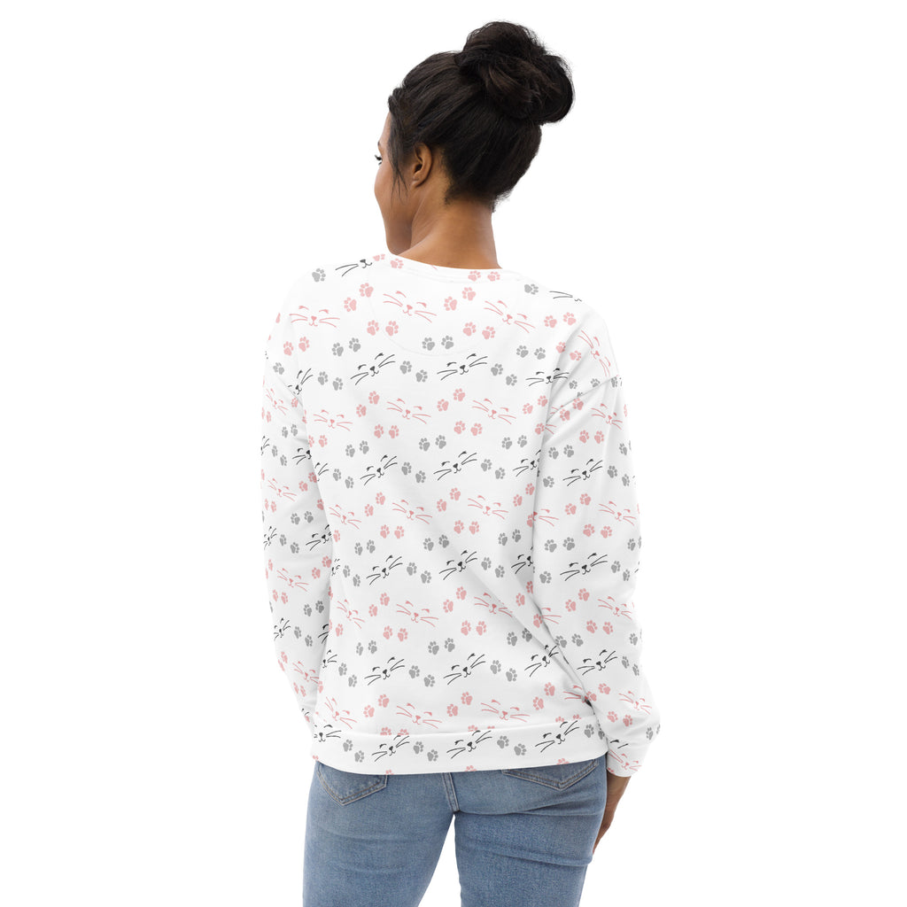 White long-sleeved sweatshirt with pink and gray cat face pattern and brushed inner fleece fabric for warmth