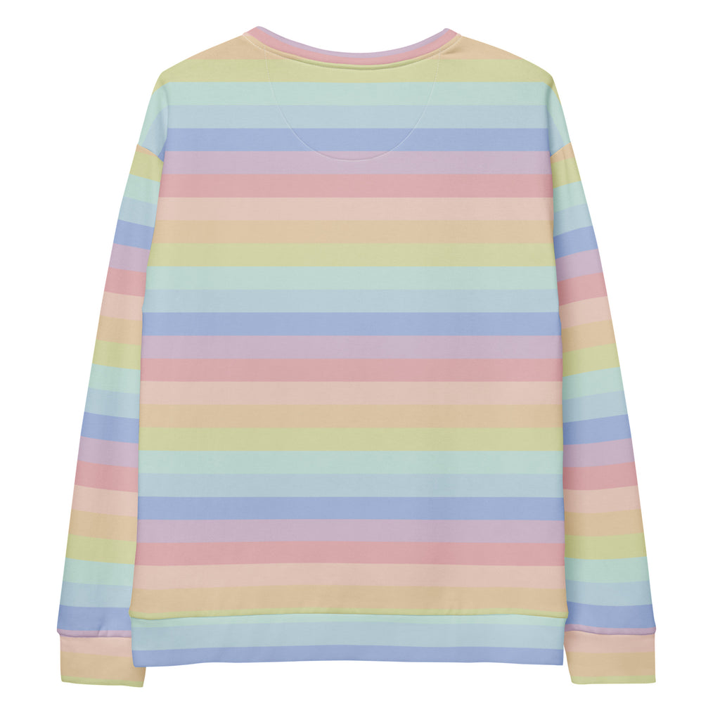 Pastel rainbow-striped long-sleeved sweatshirt with soft cotton fabric and brushed inner fleece for warmth
