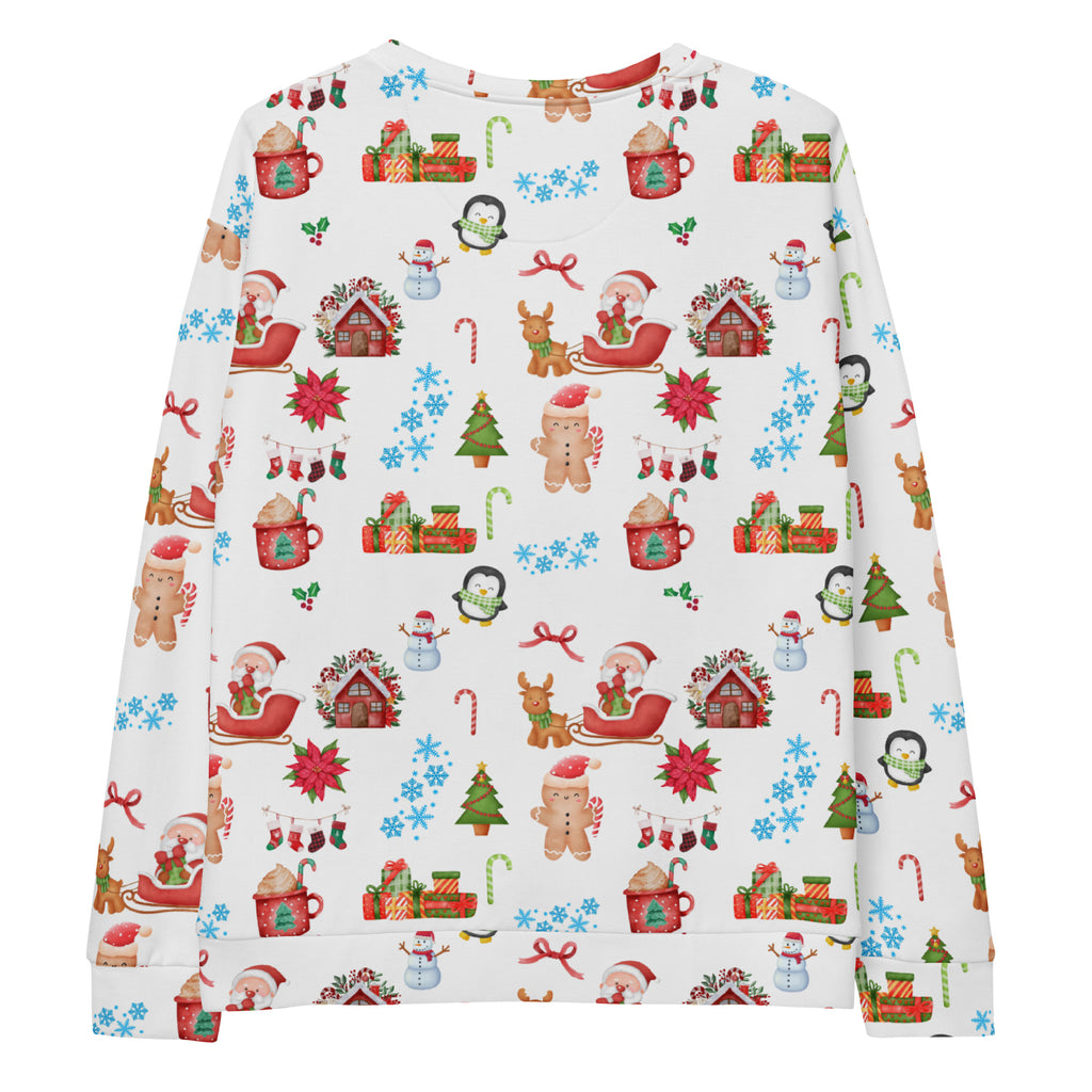 White long-sleeved Christmas pattern sweatshirt with brushed inner fleece featuring festive Santa and holiday illustrations