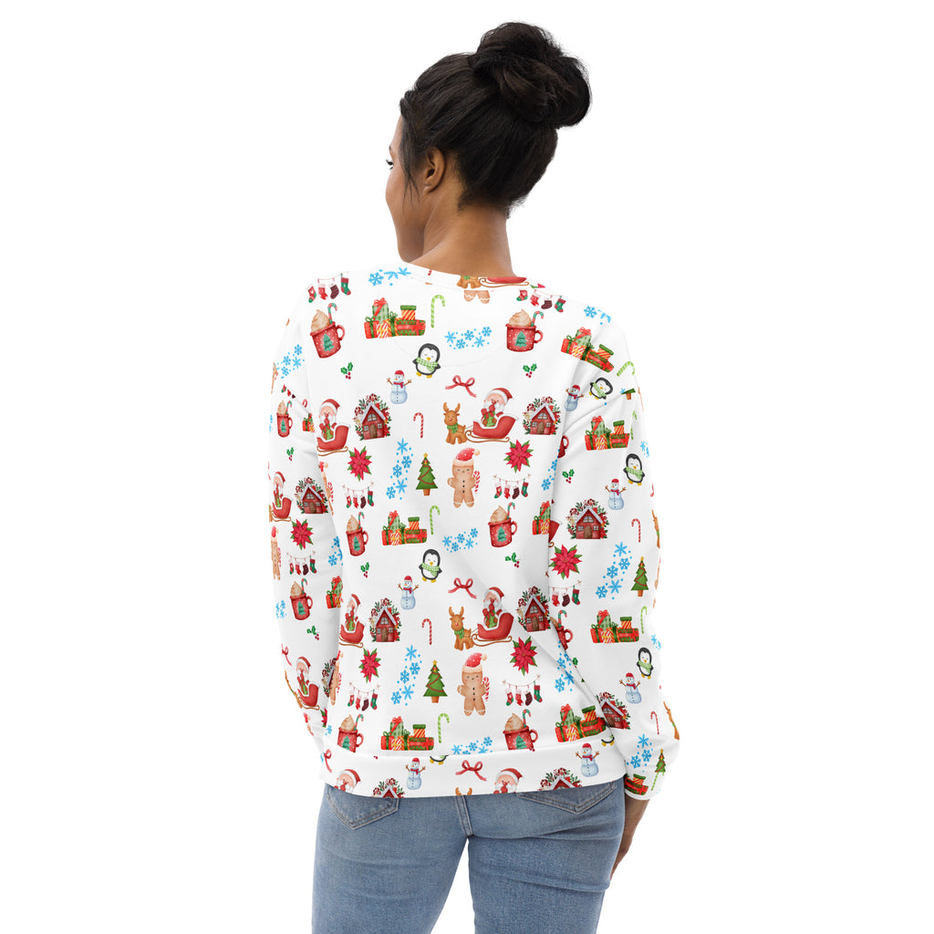 White christmas pattern sweatshirt with brushed inner fleece featuring gingerbread houses reindeer snowmen and gifts