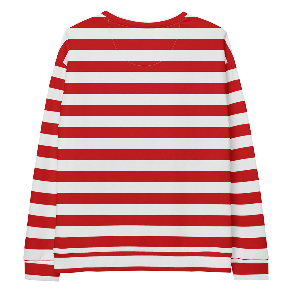 Red and white candy cane striped long-sleeved Christmas sweatshirt with brushed inner fleece fabric