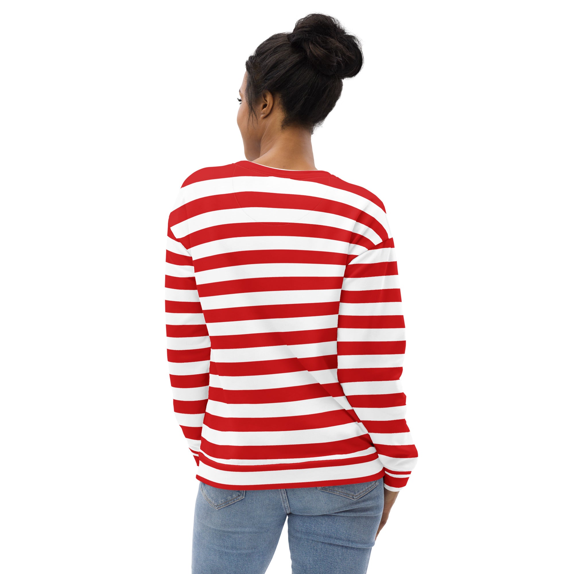 Red and white candy cane striped long-sleeved sweatshirt with brushed inner fleece fabric for Christmas wear