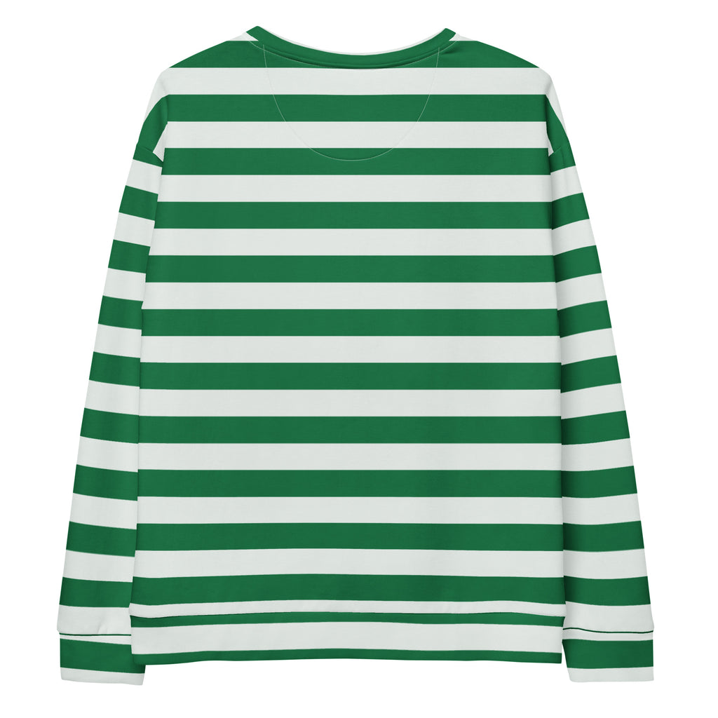 Green and white candy cane striped long-sleeved sweatshirt with brushed inner fleece fabric for christmas wear