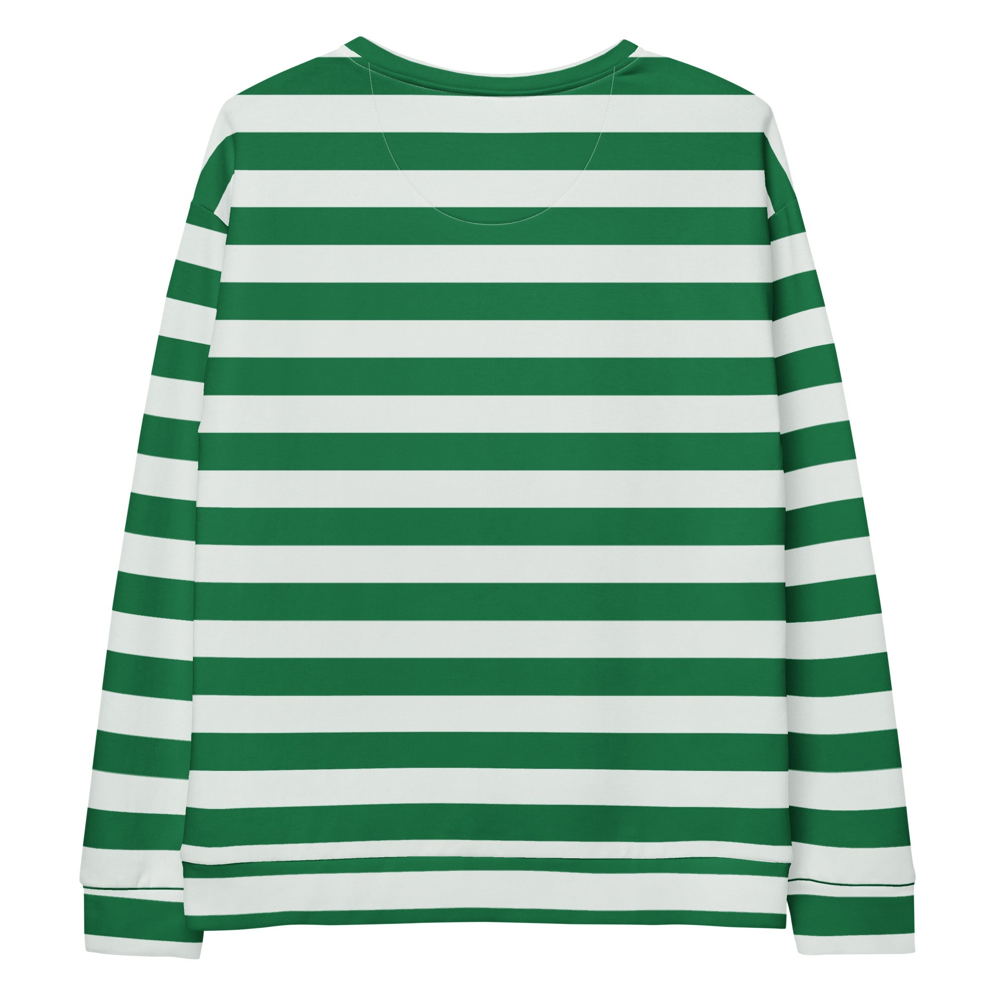 Green and white candy cane striped long-sleeved sweatshirt with brushed inner fleece fabric for christmas wear