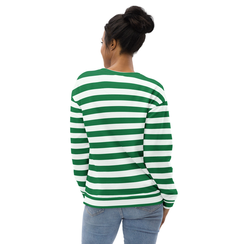 Green and white candy cane striped christmas sweatshirt with brushed inner fleece fabric and long sleeves