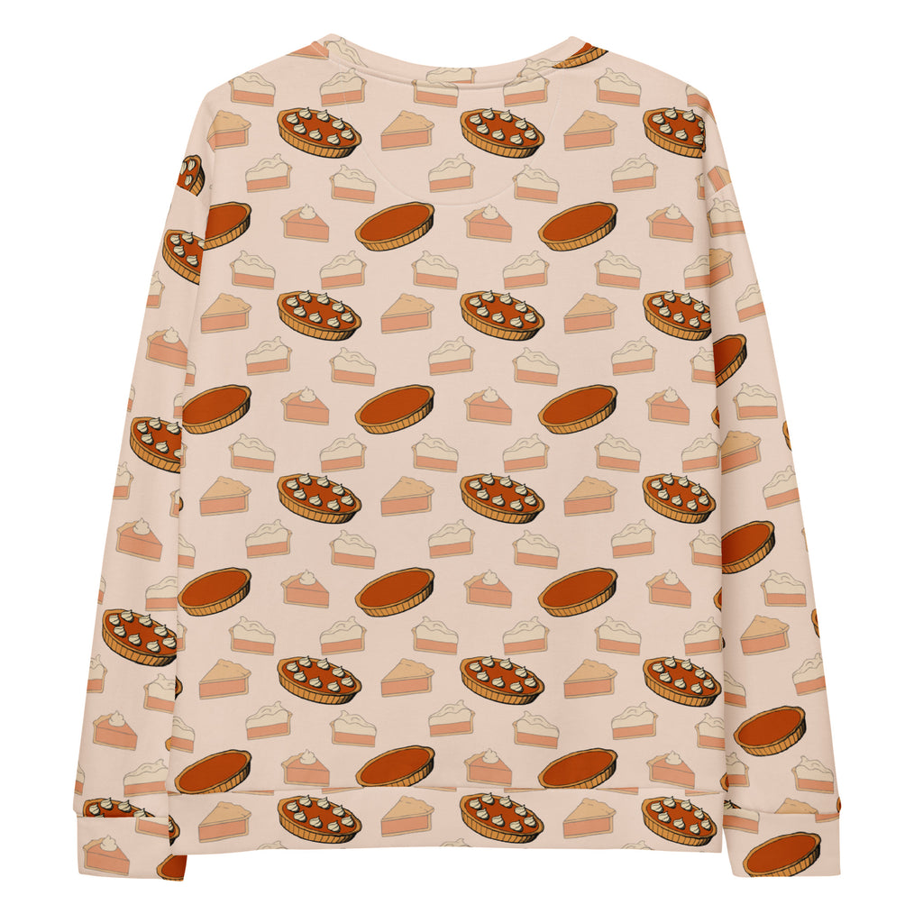 Beige long-sleeved pumpkin pie thanksgiving sweatshirt with brushed inner fleece and warm orange pie pattern