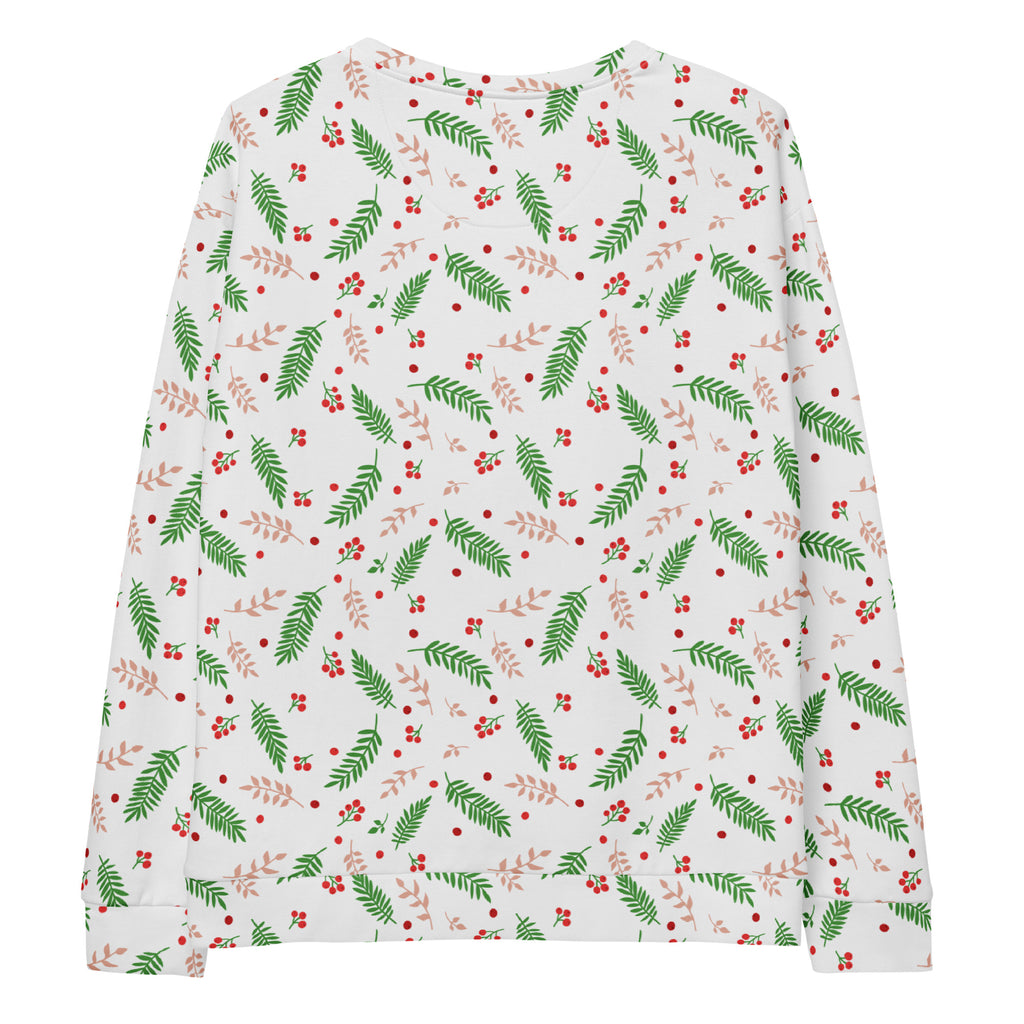 White long-sleeved holly berry christmas sweatshirt with green leaves red berries beige branches and brushed fleece lining